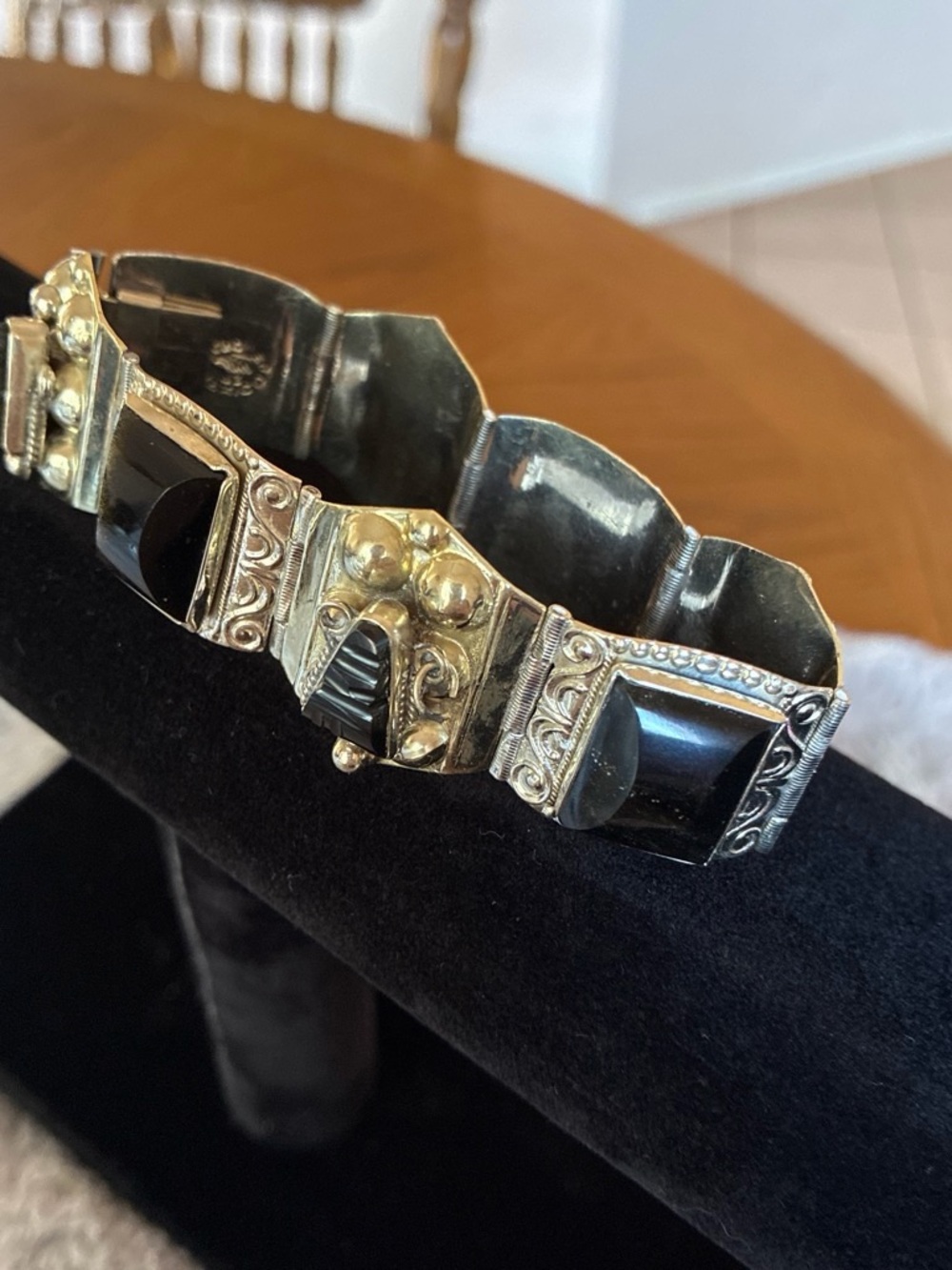 Vintage Mexican Alpaca Bracelet with Obsidian Stones